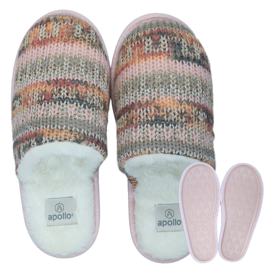 Damen Hausschuhe Puschen Pantoffeln Apollo Folklore-Muster rosa-bunt