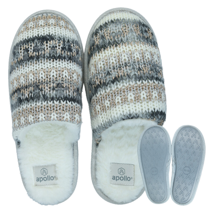 Damen Hausschuhe Puschen Pantoffeln Apollo Folklore-Muster grau