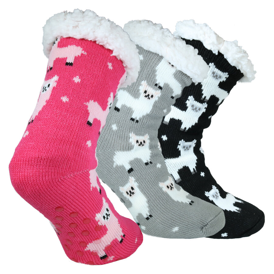 Damen Hütten-Socken Thermo Lama-Motiv ABS-Noppen