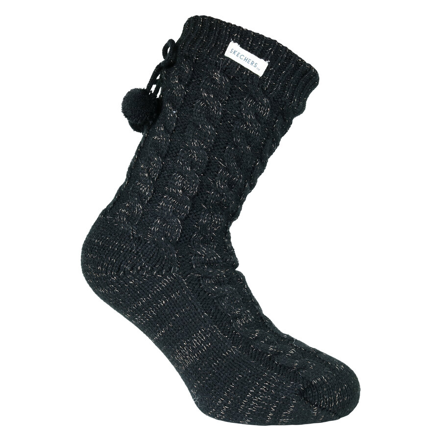Damen Hütten-Kuschelsocken Glitzer Zierbommel Skechers schwarz