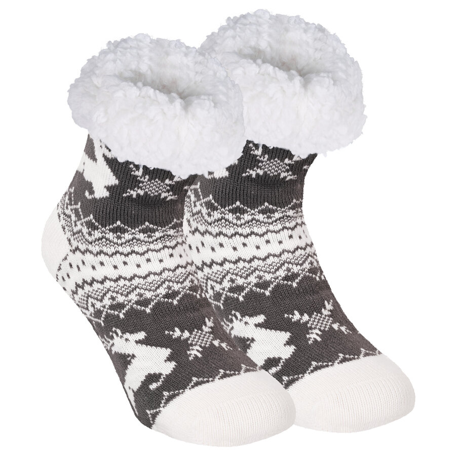 Damen Hüttensocken ABS Noppen Antonio Rentiere Kristalle grau-weiß