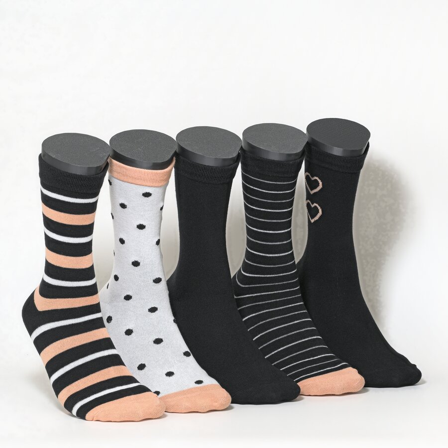Damensocken Muster-Ringel schwarz-pfirsich-mix - 1