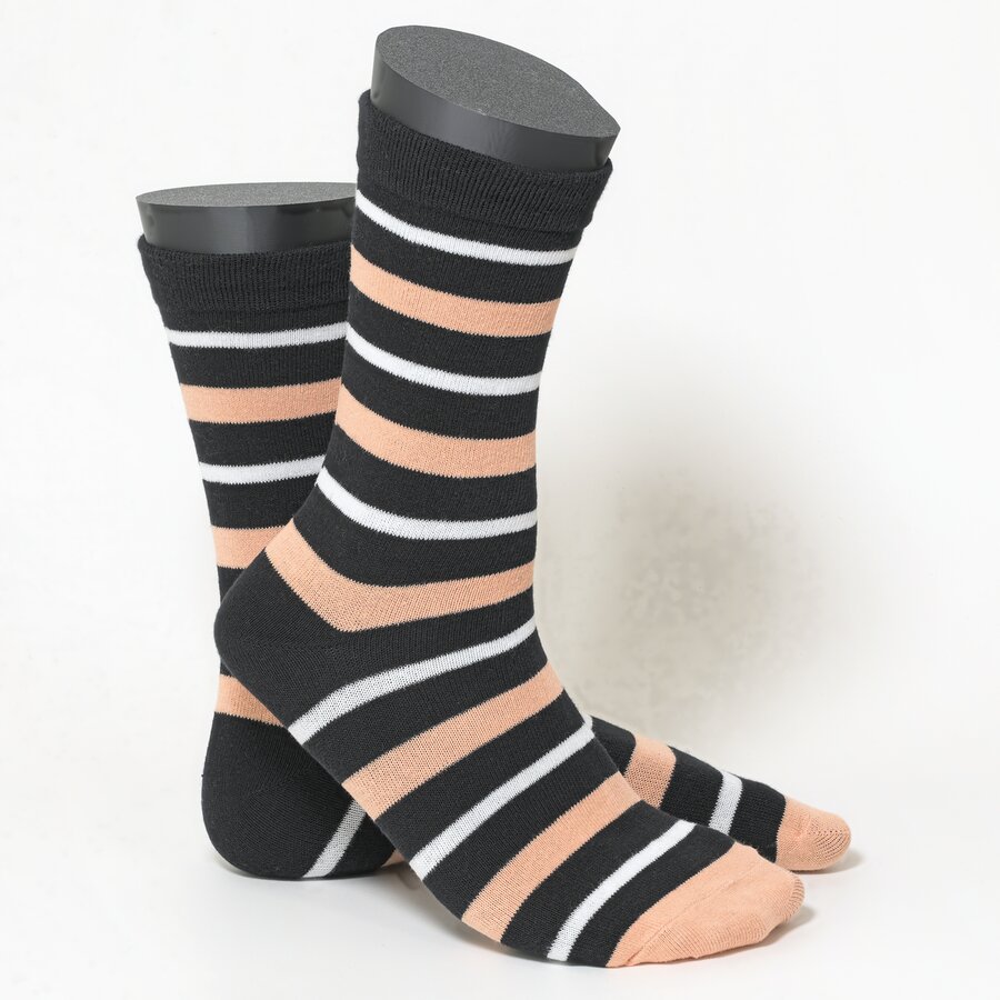 Damensocken Muster-Ringel schwarz-pfirsich-mix - 3