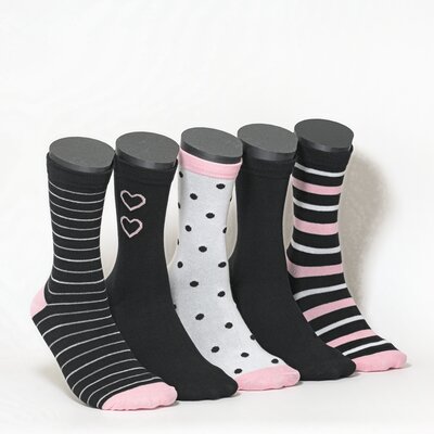 Damensocken Muster-Ringel schwarz-rosa-mix